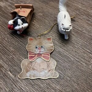 Lot of 3 Cat Christmas Ornaments Meow Mart Bag White Persian & Kitty Bow Tie